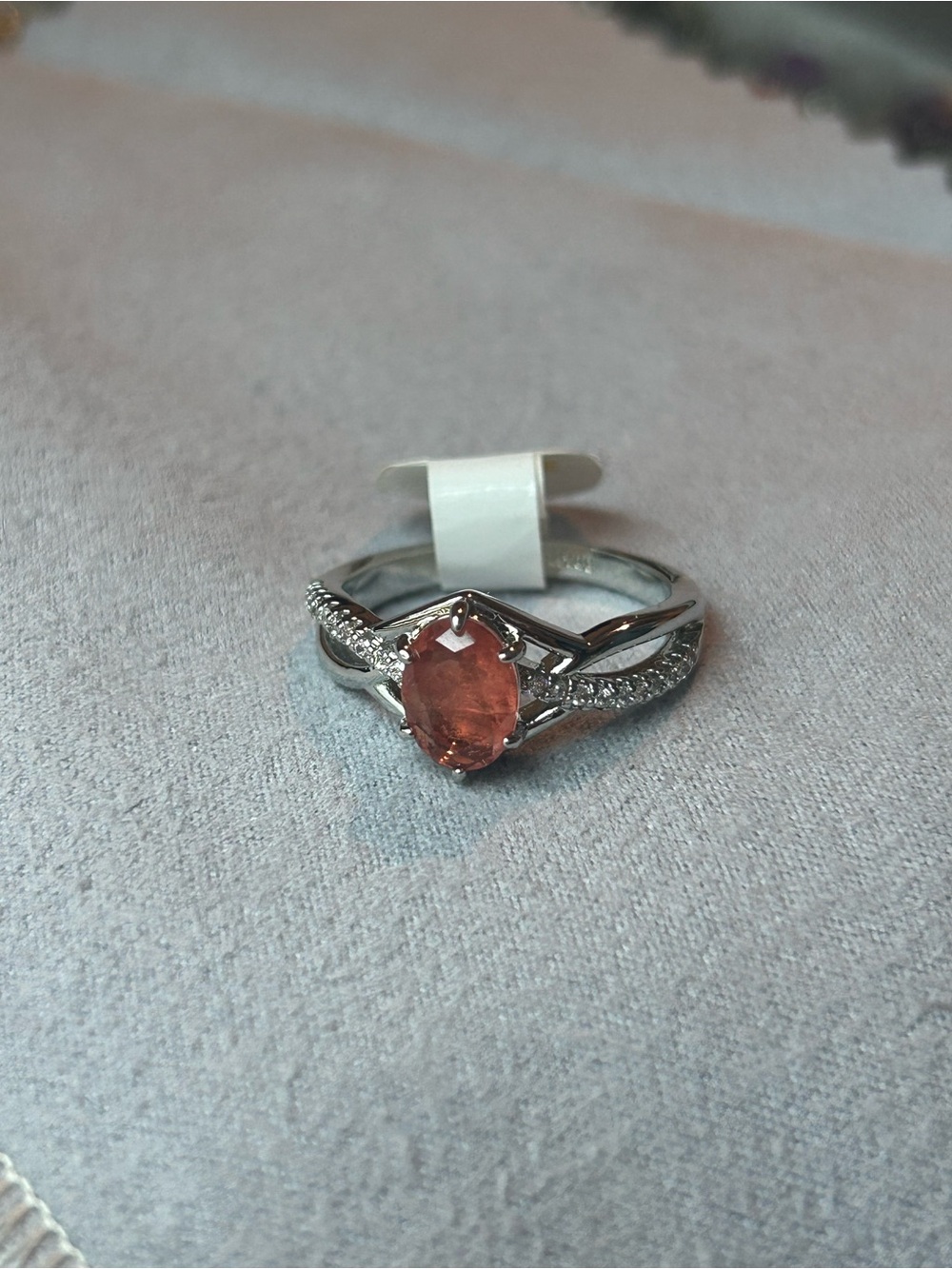 Sterling Silver Oval Peach-Pink Gemstone Ring with Pavé Band